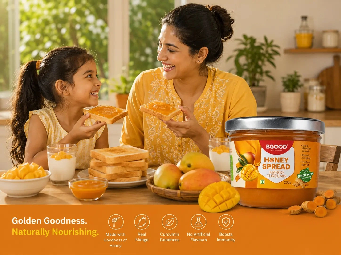 Family enjoying Mango Curcumin Honey Spread on toast