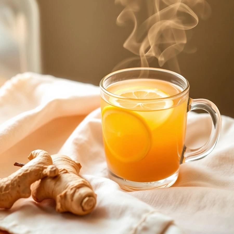 A warm glass of water with a spoon of BGood lemon ginger honey
