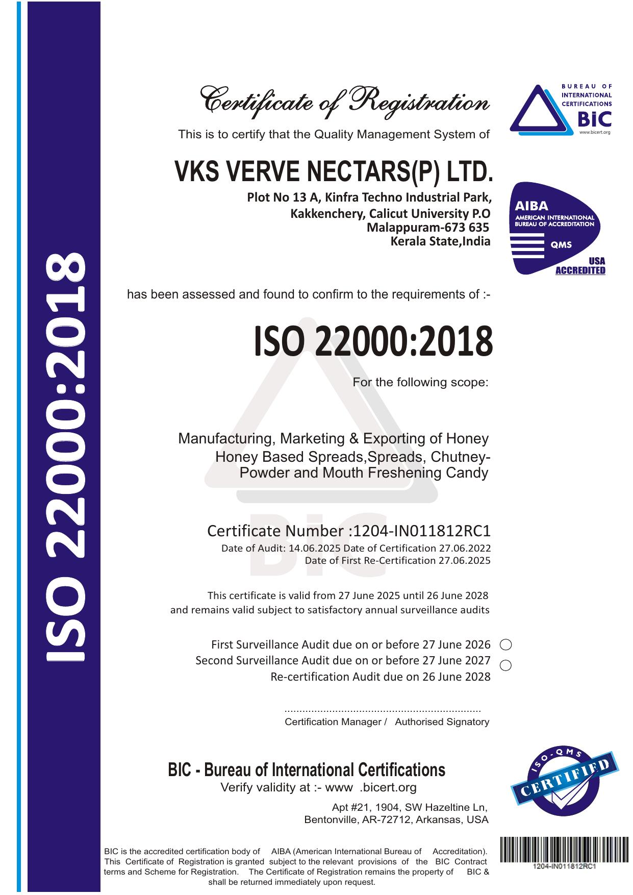 ISO 22000:2018 Certificate of Registration for VKS Verve Nectars Pvt. Ltd.