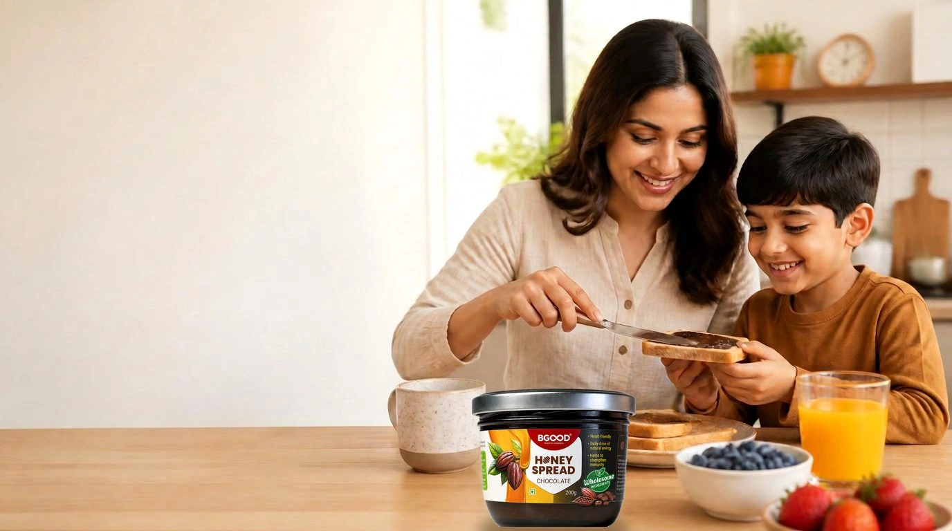 A mother and child enjoying BGood honey together