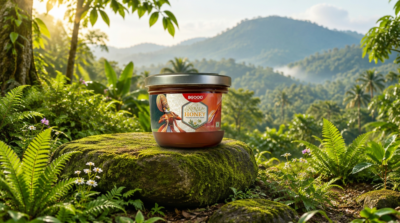 Kerala Honey | 500g jar resting on a moss-covered rock in a sunlit Kerala forest