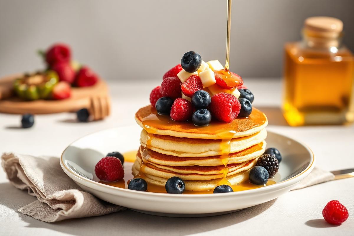 Honey drizzled over pancakes with berries