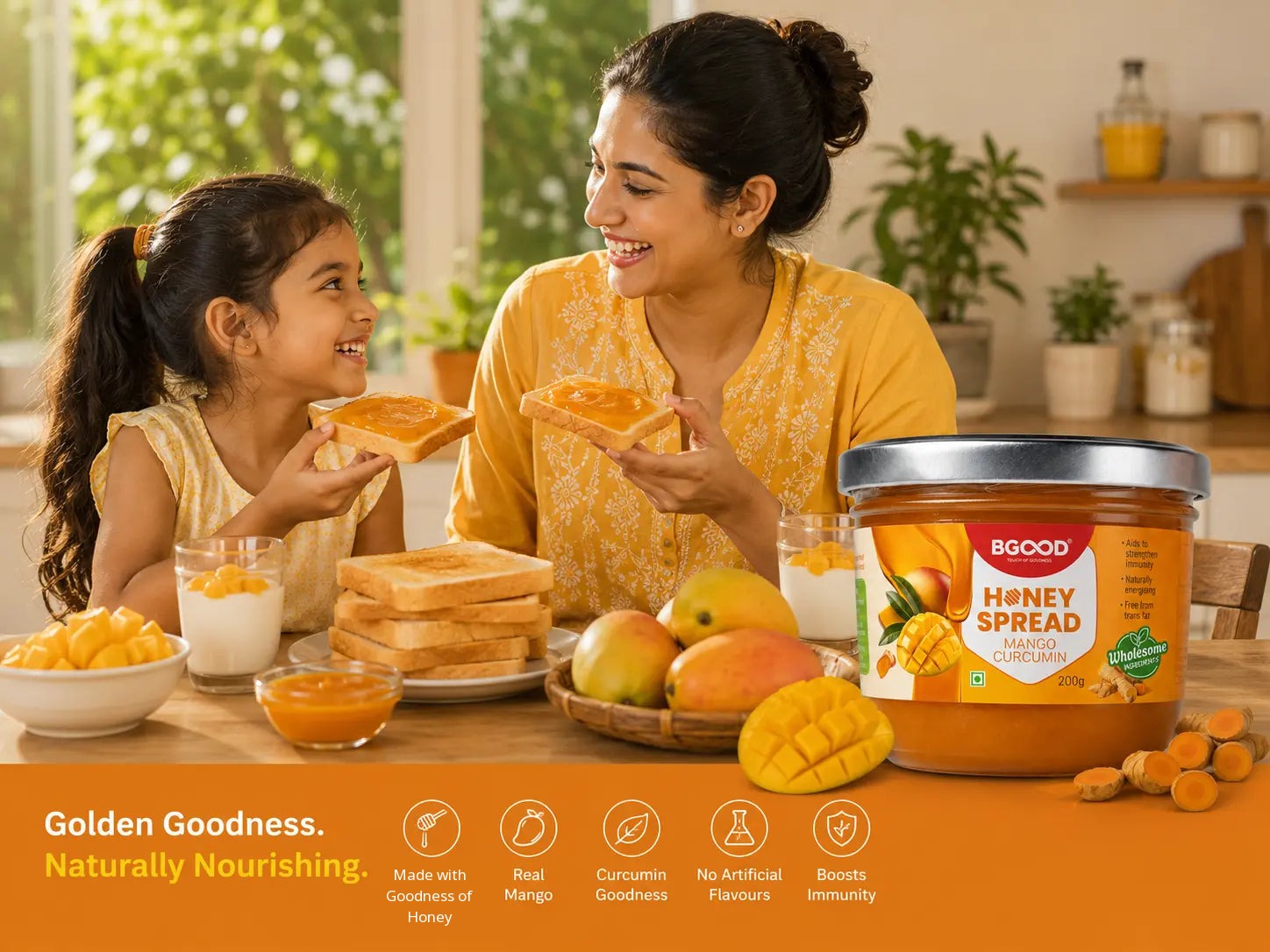 Family enjoying Mango Curcumin Honey Spread on toast