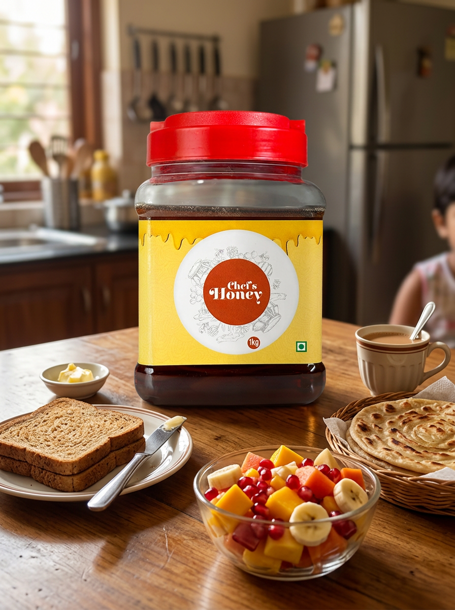 BGood Chef's Honey 1kg on a family breakfast table with toast, parathas and fruit
