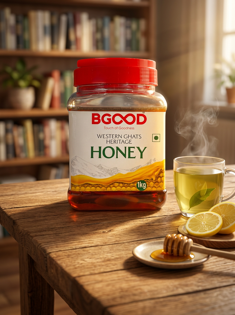 BGood Western Ghats Honey 1kg beside green tea and lemon