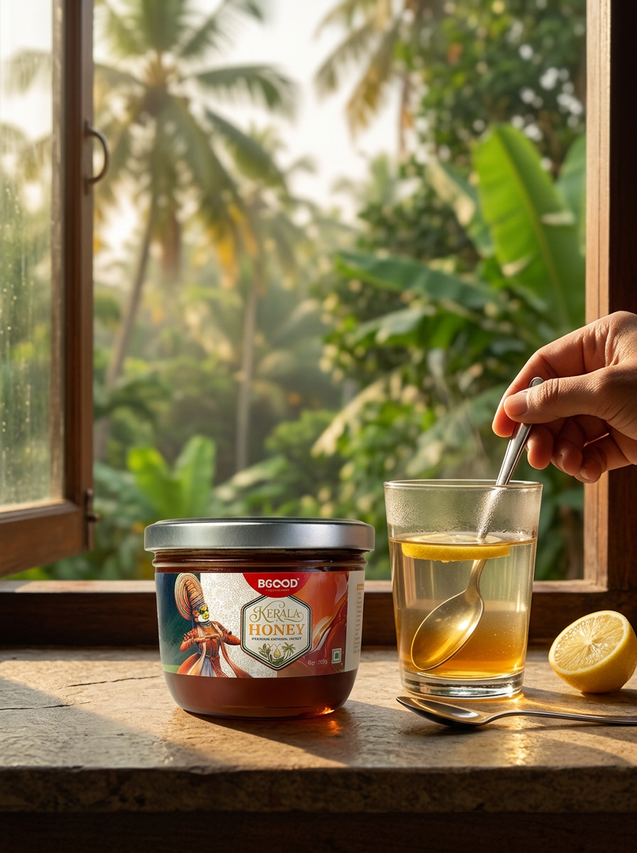 BGood Kerala Honey beside warm honey lemon water